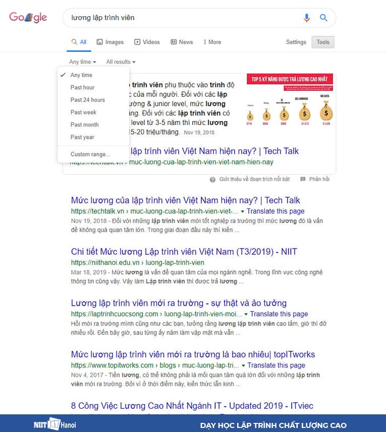 Sử dụng công cụ Google (Tools) cung cấp để tìm kiếm