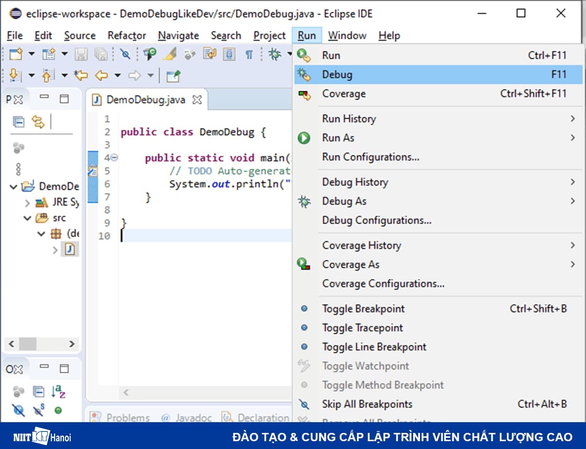 Mở trình Debug trên Eclipse