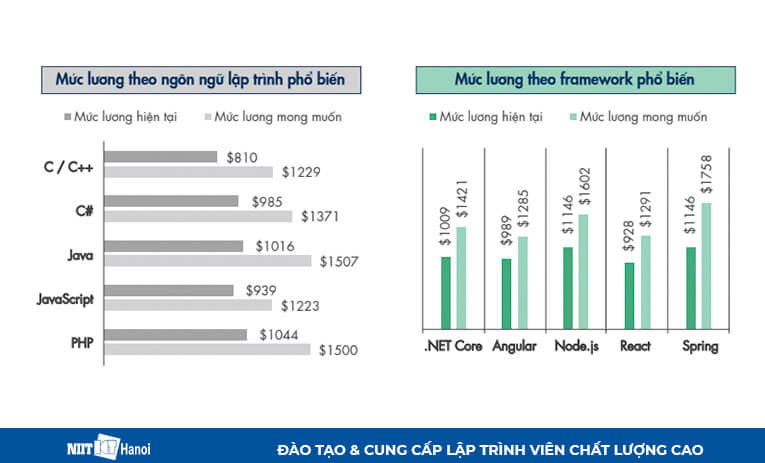 Mức lương thực tế và mức lương mong muốn đối với Ngôn ngữ là Framework phổ biến