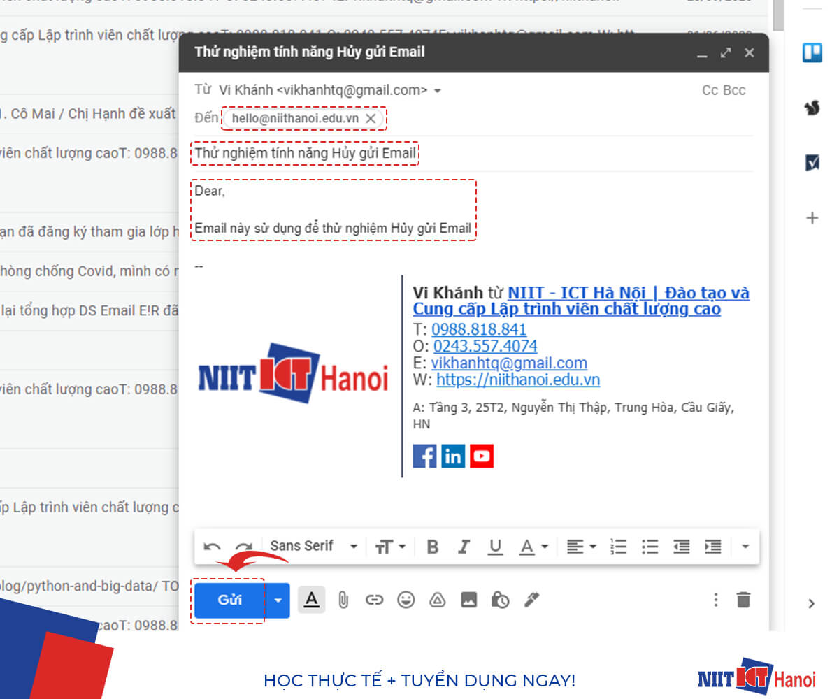 Thử nghiệm tính năng Hủy gửi Email (Bước 2)