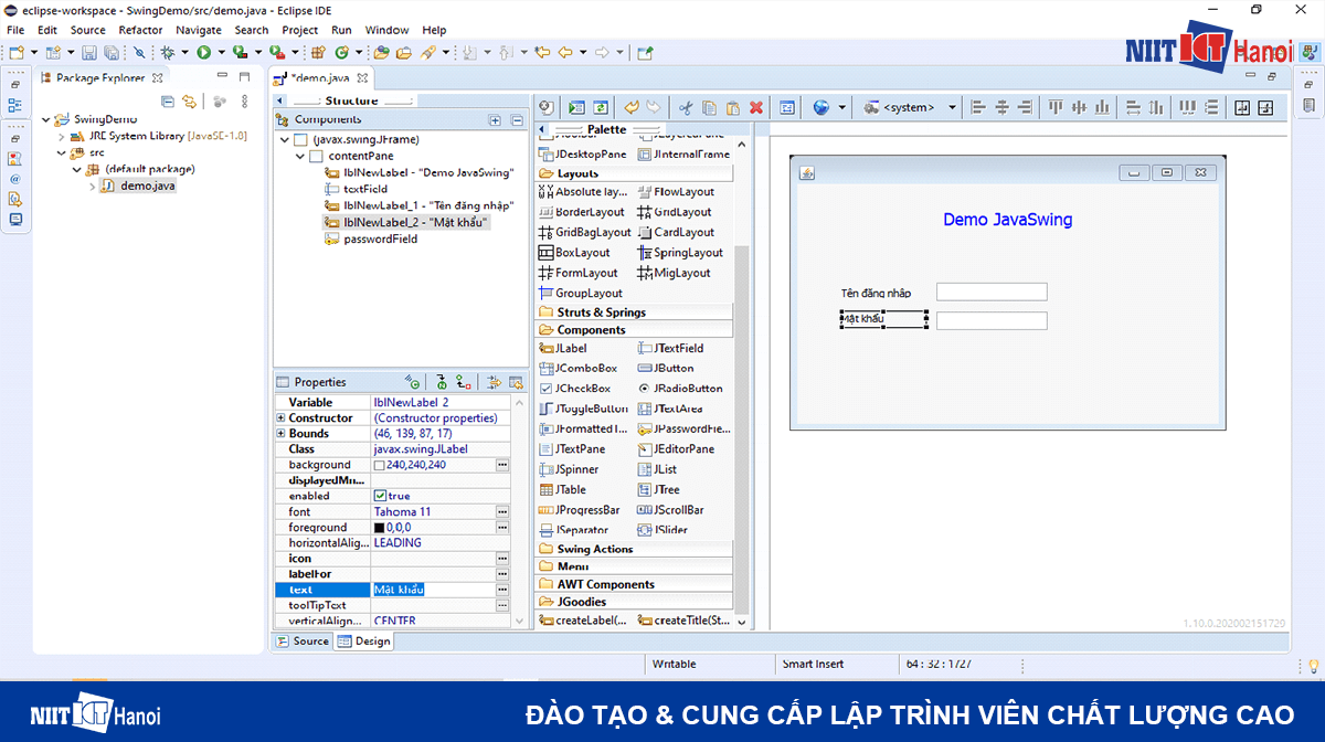 Các bước tạo một giao diện Java Swing đơn giản bằng Eclipse (Bước 7.3)