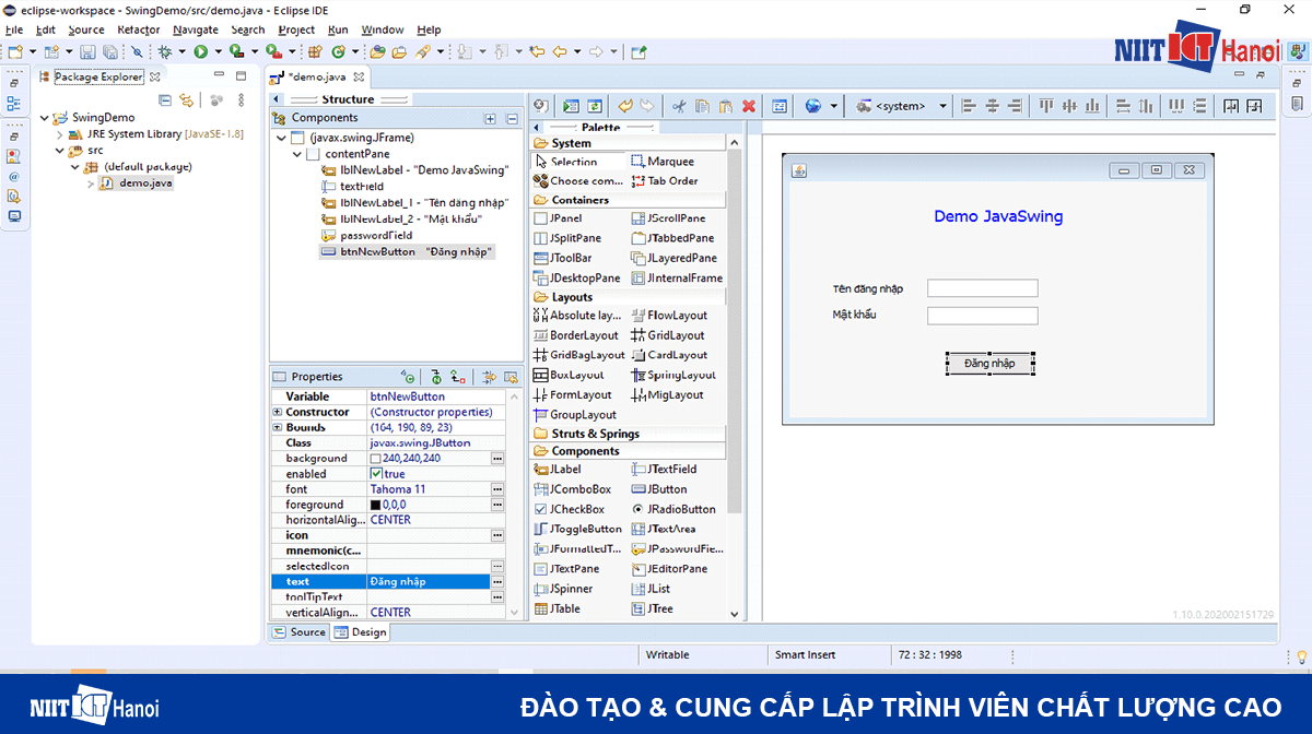 Các bước tạo một giao diện Java Swing đơn giản bằng Eclipse (Bước 8.1)