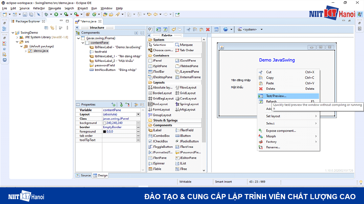 Các bước tạo một giao diện Java Swing đơn giản bằng Eclipse (Bước 8.2)
