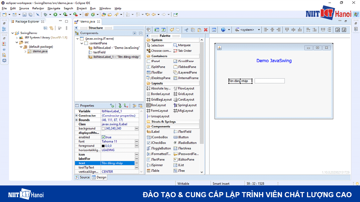 Các bước tạo một giao diện Java Swing đơn giản bằng Eclipse (Bước 7.2)