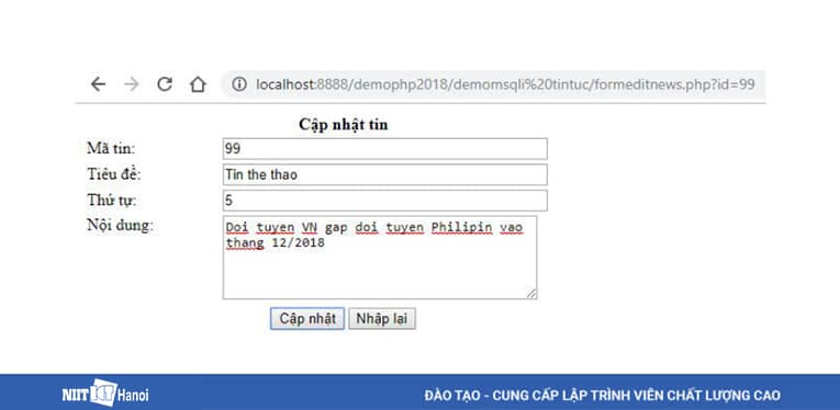 Cập nhật bản ghi với thông tin như hình
