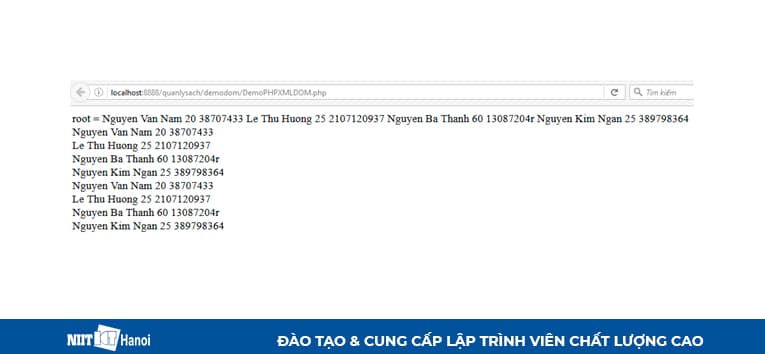 Thực thi file và xem kết quả đọc file XML bằng PHP