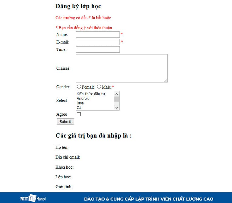 Form hiển thị thông báo nếu người dùng không nhập thông tin gì