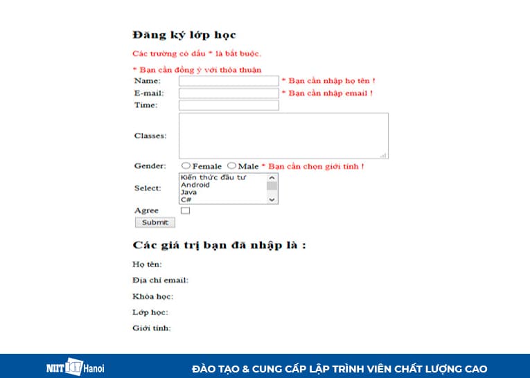 Thông báo người dùng nhập dữ liệu không hợp lệ