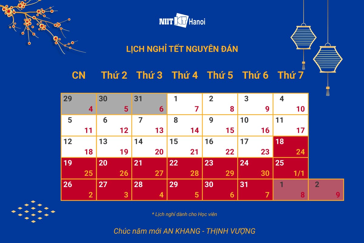 Lịch nghỉ tết Nguyên đán 2020 (Dành cho học viên NIIT - ICT Hà Nội)