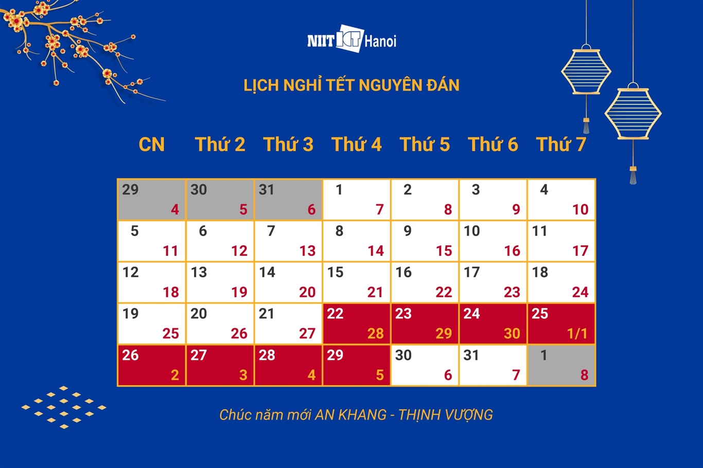 Lịch nghỉ tết Nguyên đán 2020 (Dành cho khối vận hành)
