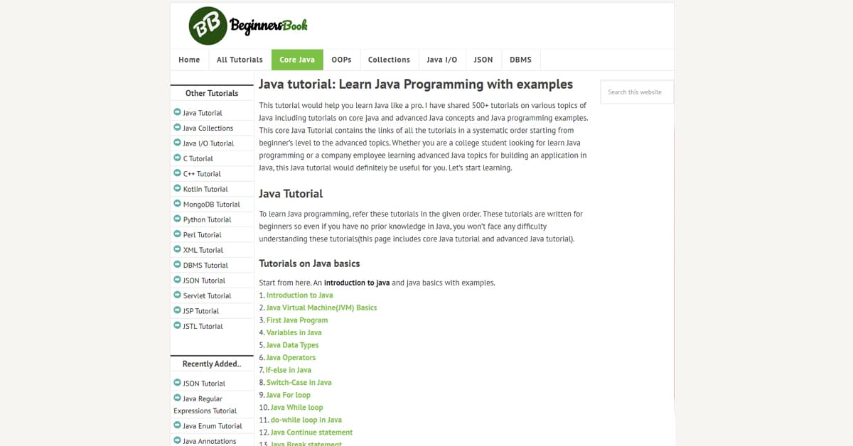 Hướng dẫn Tự học Học Lập trình Java trên Beginnersbook.com