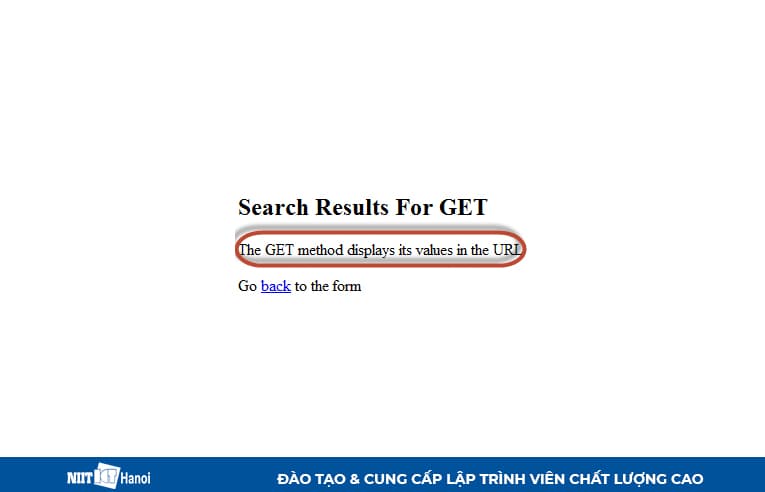 Chức năng mô phỏng tìm kiếm thực hiện thành công với Phương thức GET