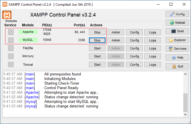 Bảng điều khiển Xampp