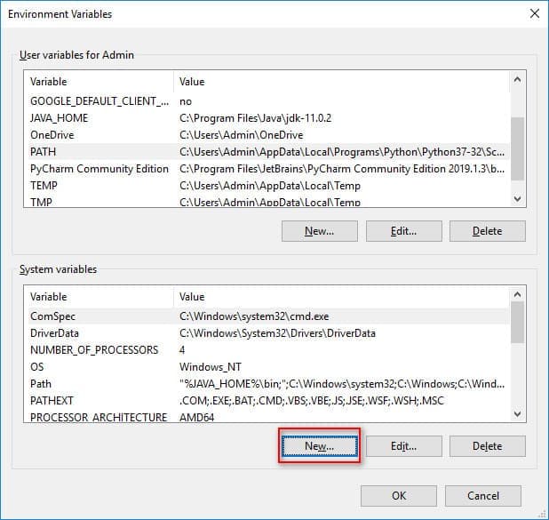 Hướng dẫn cài đặt biến JAVA_HOME: Chọn New