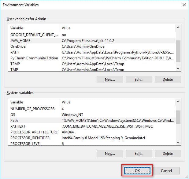 Hướng dẫn cài đặt biến JAVA_HOME: Nhấn OK