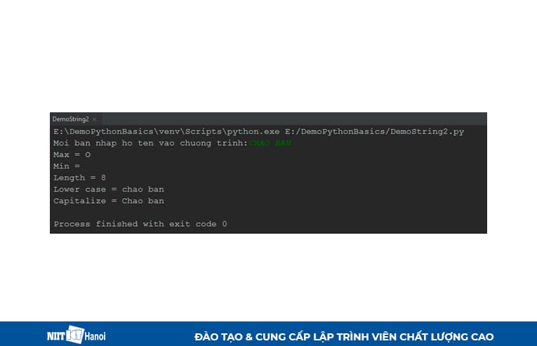 Kết quả thực thi ví dụ thao tác với String trong Python