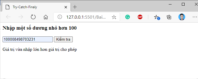 Ví dụ câu lệnh throw trong JavaScript - 2
