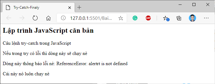 Ví dụ Try - Catch - Finally trong JavaScript