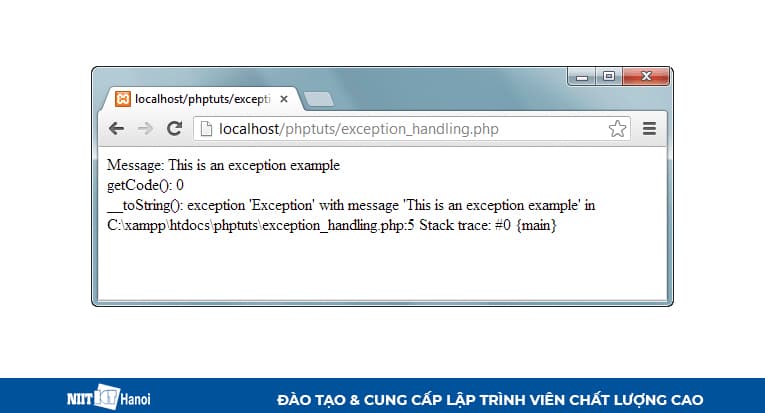 Kết quả của một ví dụ sử dụng try catch php để xử lý ngoại lệ