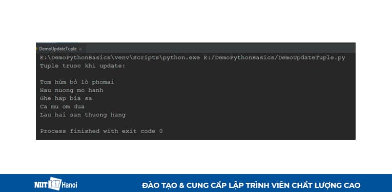 Kết quả sử dụng vòng lặp lặp qua các phần tử của Tuple
