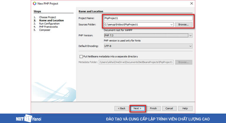 Đặt tên dự án PHP và chọn thư mục lưu dự án
