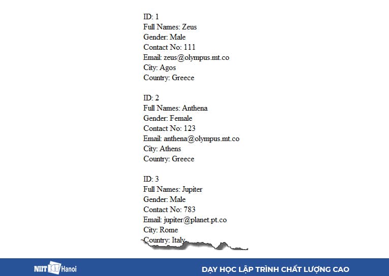 In các bản ghi từ cơ sở dữ liệu