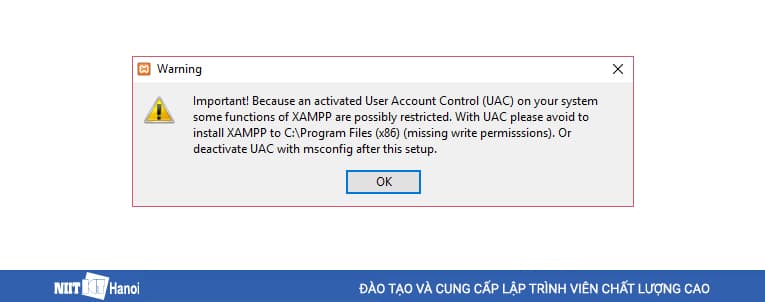 Hộp thoại cảnh báo đầu tiên khi cài đặt XAMPP