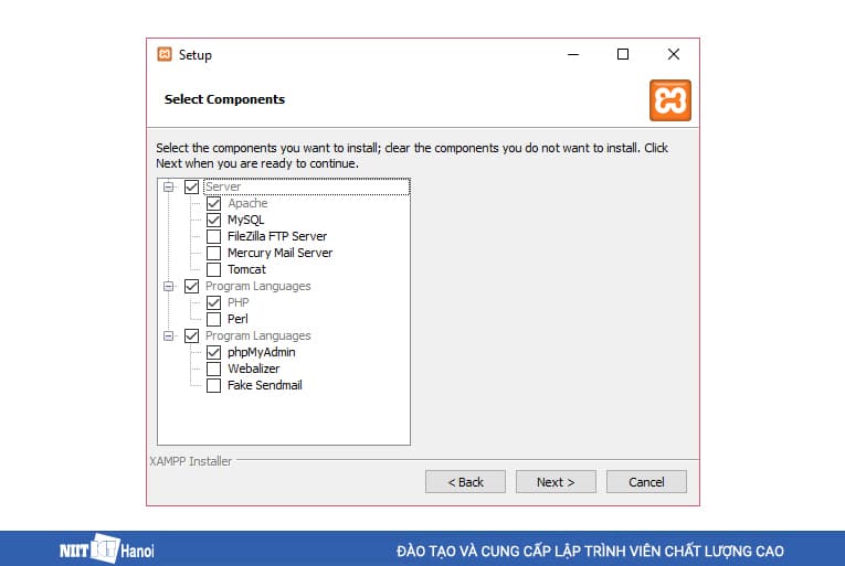 Tích vào các tùy chọn Apache, MySQL, PHP, phpMyAdmin để bắt đầu cài đặt XAMPP