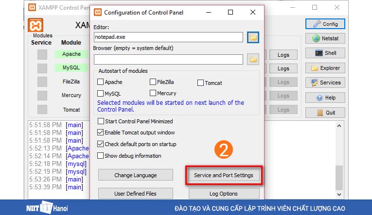 Bấm vào Service and Port Settings - Thay đổi cổng (Port) trong XAMPP